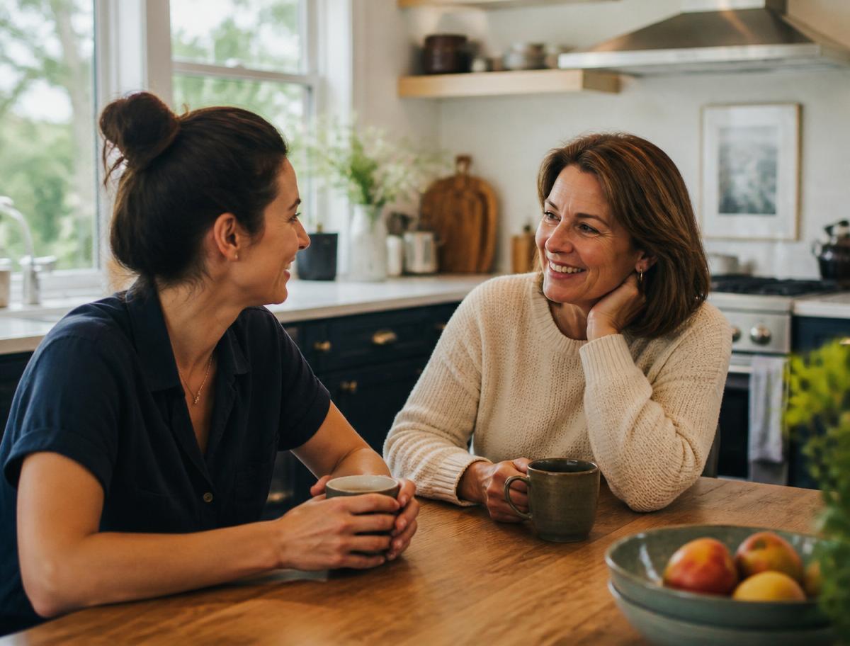 A warm, supportive conversation between two adults over coffee