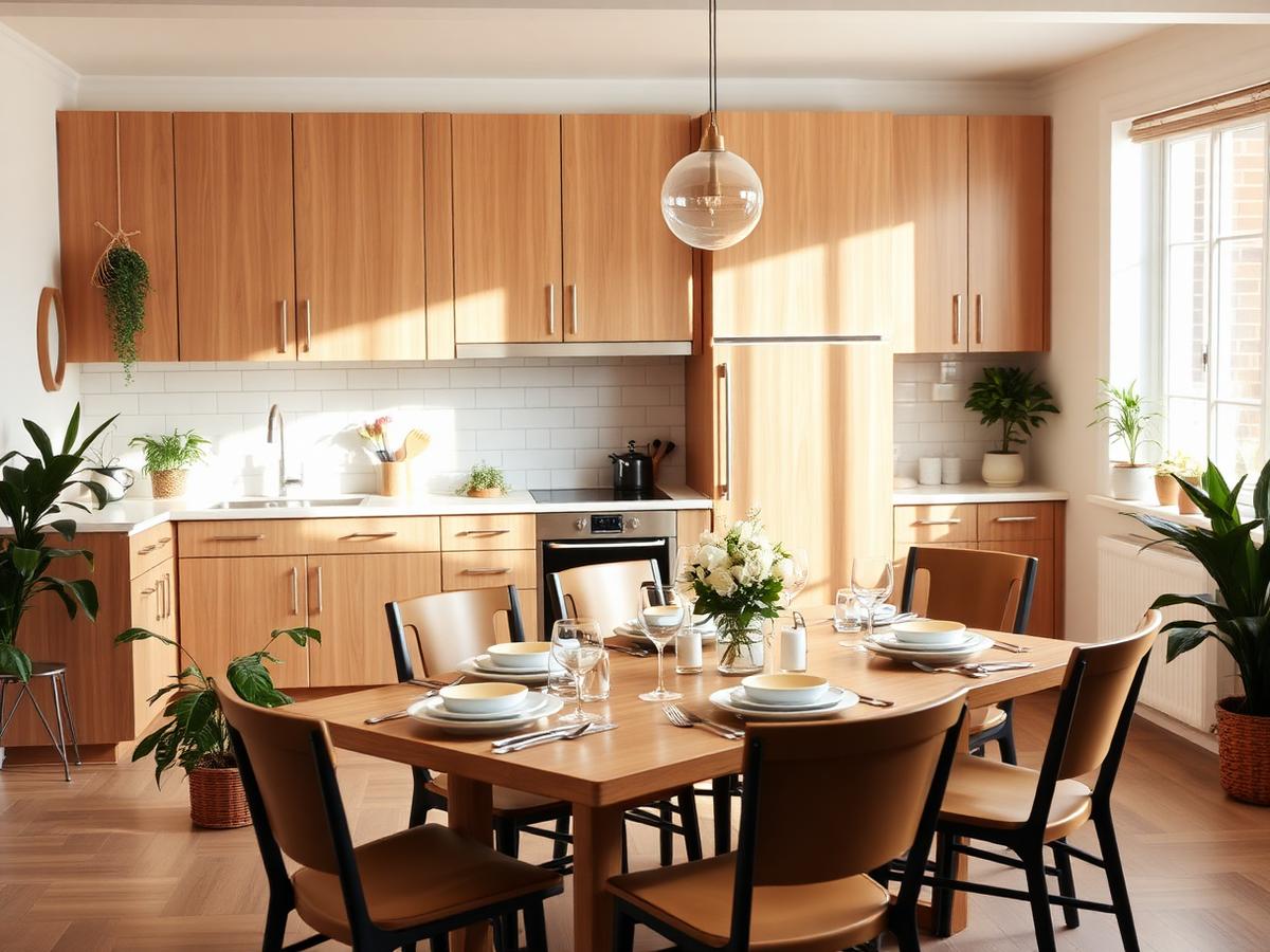Bright shared community kitchen and dining area in a transitional residence
