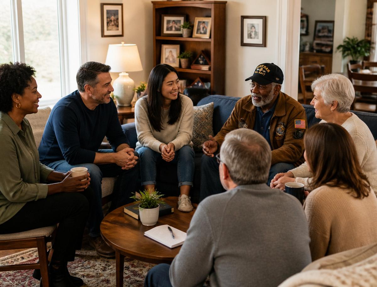 A diverse group of residents of different ages gathered in a warm residential living room
